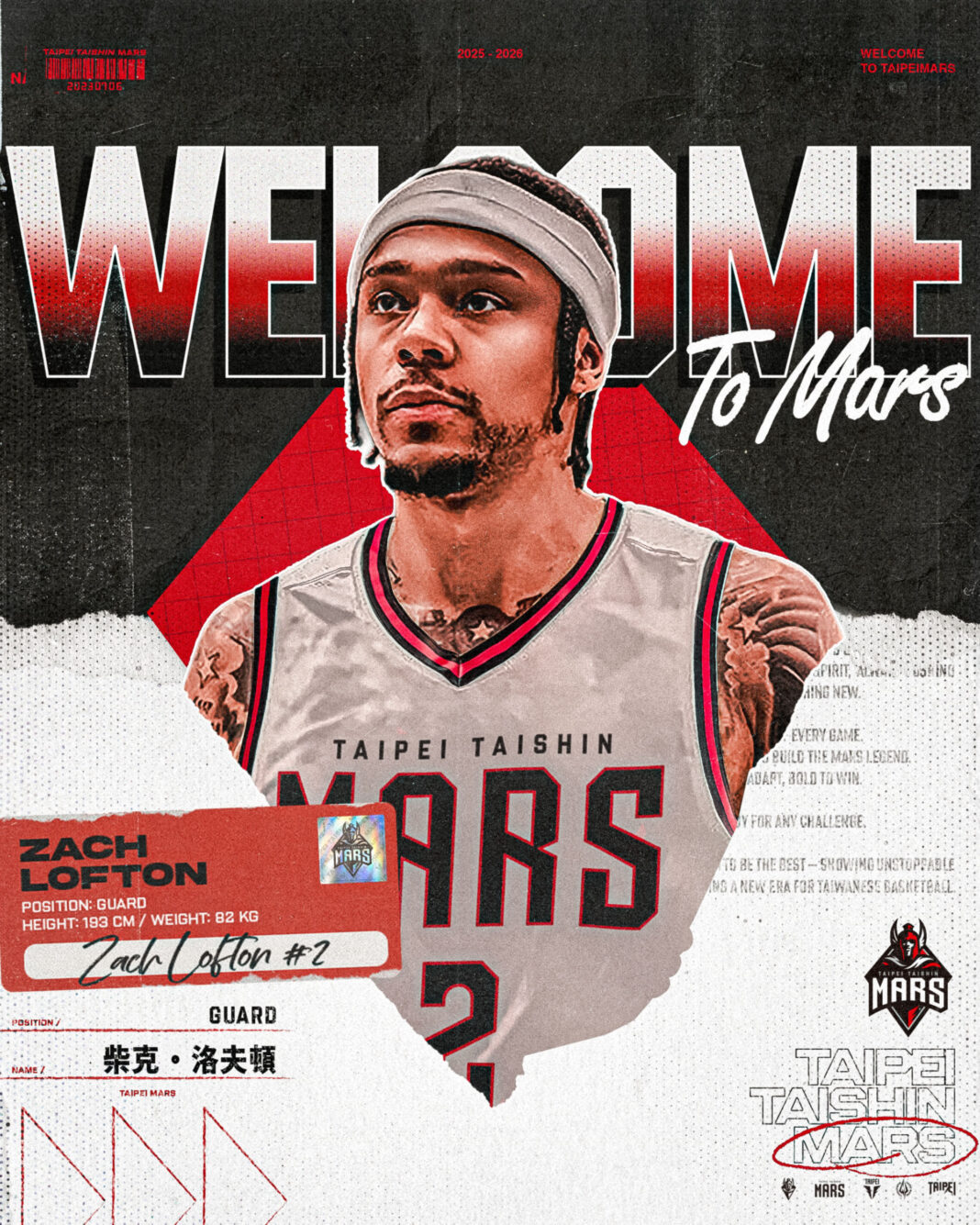 台新育樂今（10日）宣布，美國籍後衛 Zach Lofton（洛夫頓） 正式加盟臺北台新戰神。圖/台新育樂提供