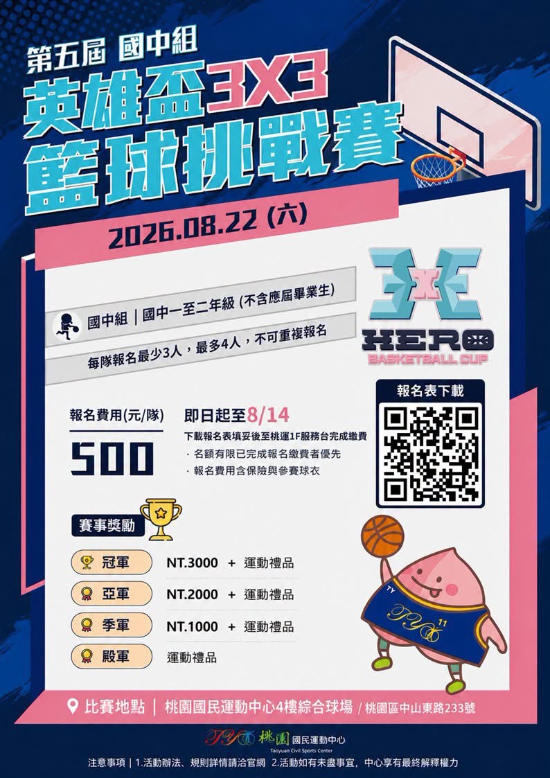 桃園國民運動中心辦英雄盃3X3　打造青少年籃球競技舞台。圖/桃園國民運動中心提供